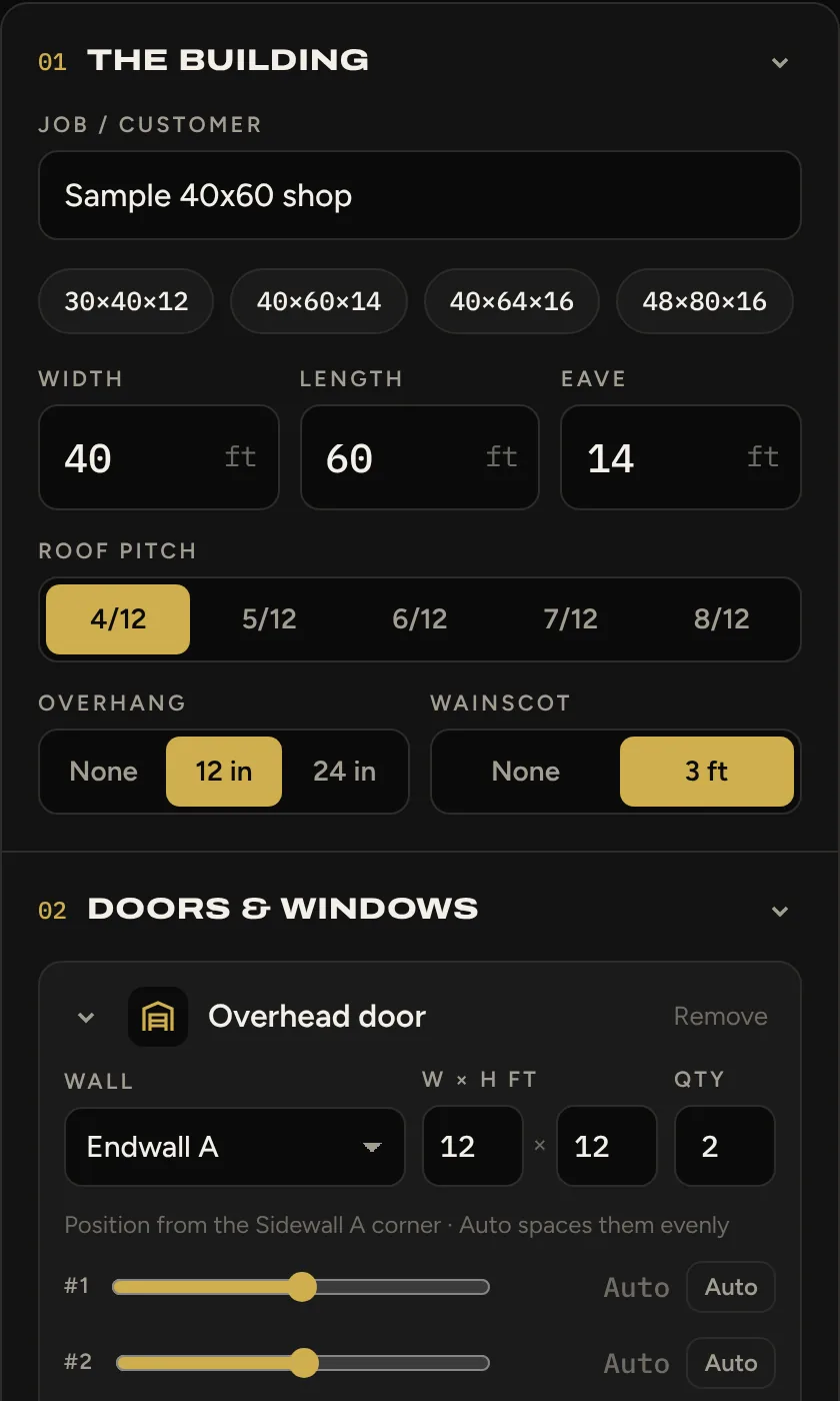 The contractor-side CoreBraced estimator's input form, with sections for the building size, roof pitch, overhang and wainscot, and doors and windows.