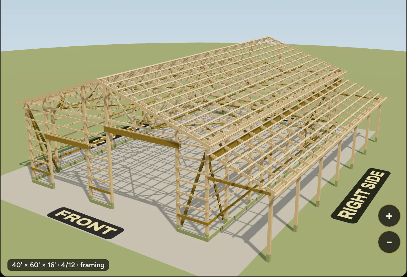 The 3D framing view of a sample building with the steel removed, showing posts, girts, trusses and purlins.
