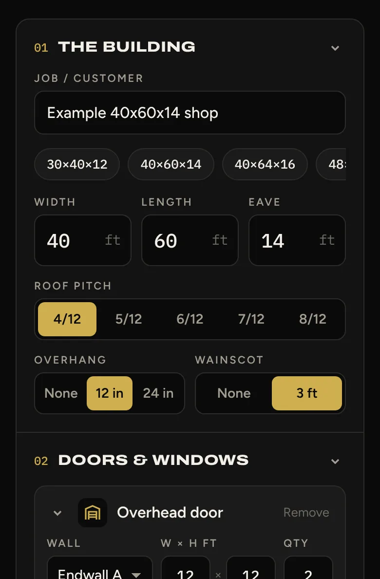 The contractor-side CoreBraced estimator on a phone, showing building size, roof pitch, overhang, wainscot and door inputs.