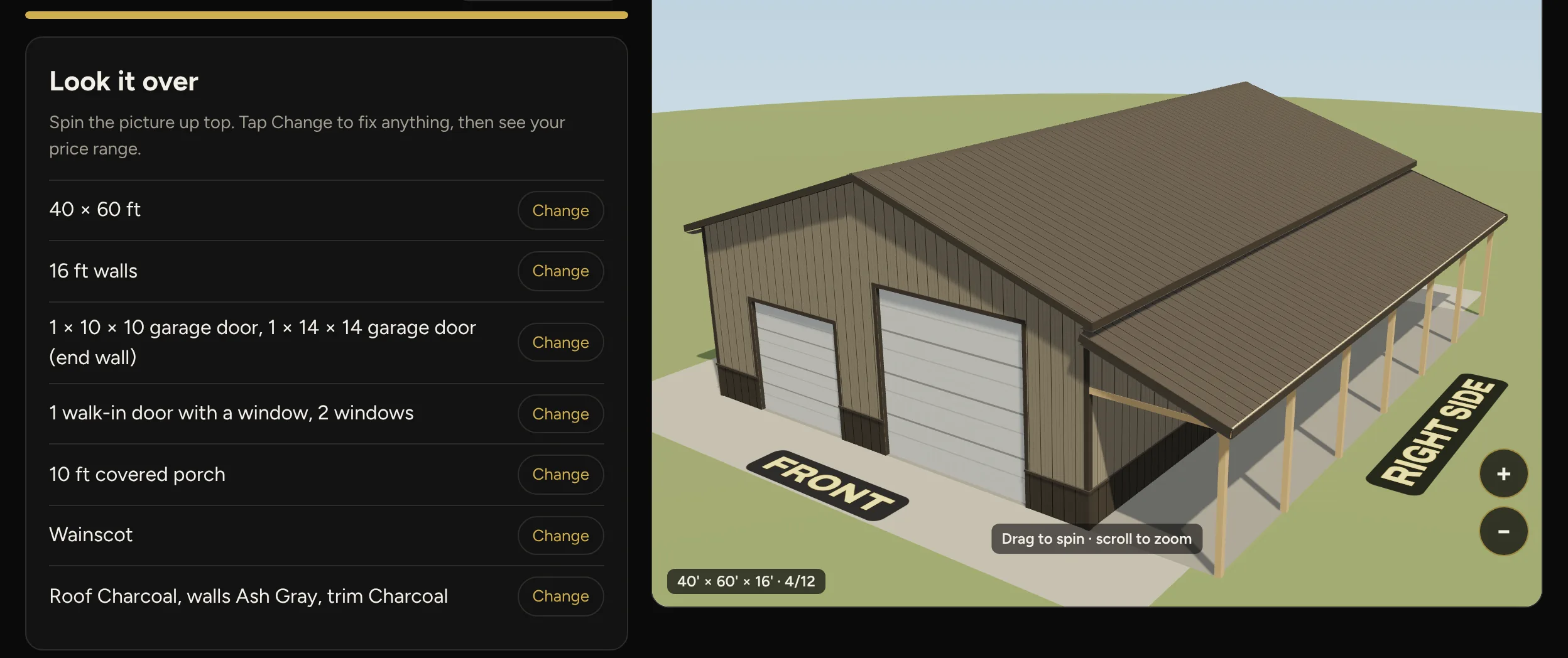 The CoreBraced building configurator's review step listing size, walls, doors, windows, porch, wainscot and colors, beside a 3D model of a 40 by 60 foot building with a covered porch.